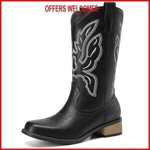 Women's Cowboy Boots Mid Calf Square Toe Chunky Heel Embroidery Western